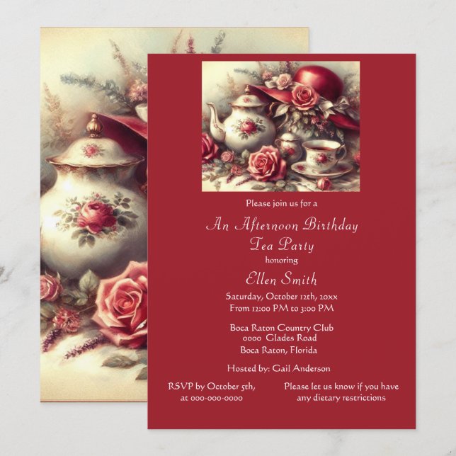 Elegant Birthday Tea Party Röd ros Inbjudningar (Fram/baksida)