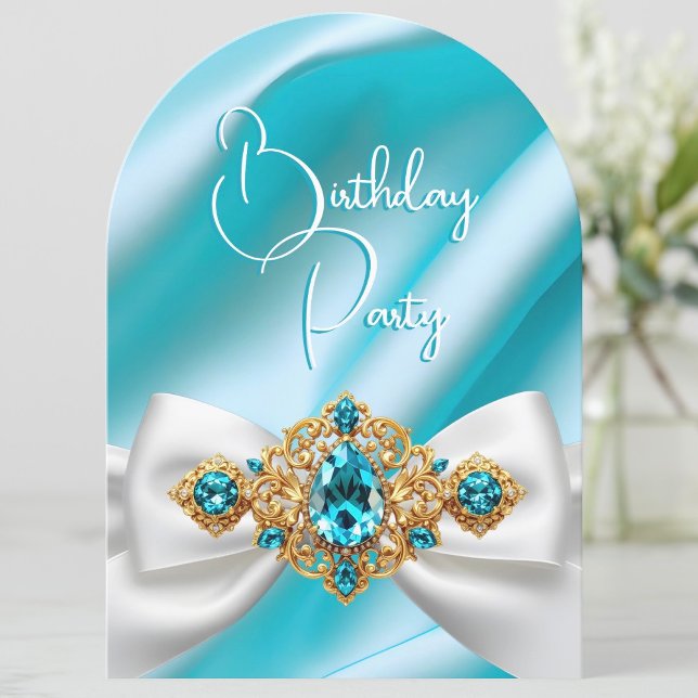 Elegant Birthday Teal Blue Guld Jewel Bow Inbjudningar (Skapare uppladdad)