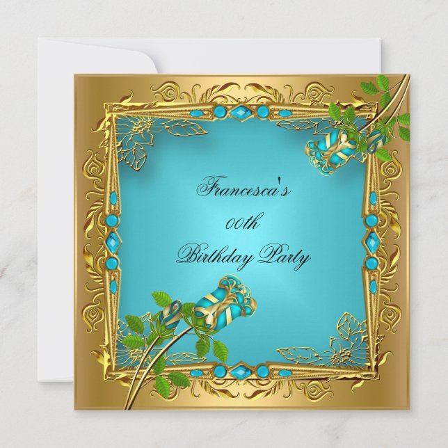 Elegant Birthday Teal Blue Ro Guld Inbjudningar (Framsida)
