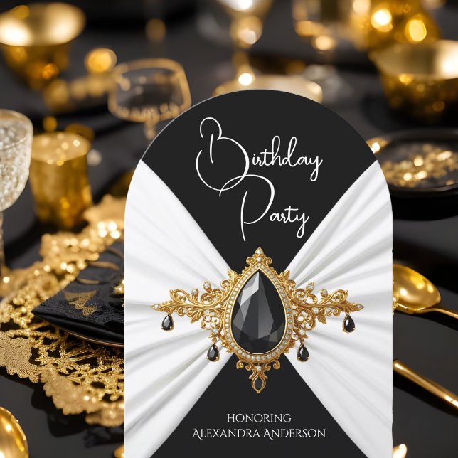 Elegant Birthday White Black Guld Jewel Silke Inbjudningar (Skapare uppladdad)