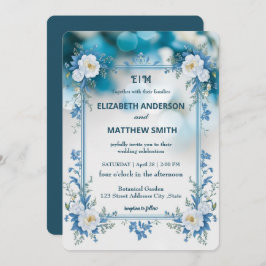 Elegant Biue & White Overlay Flowers bröllop Inbjudningar