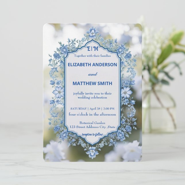 Elegant Biue & White Overlay Flowers bröllop Inbjudningar (Stående Fram)