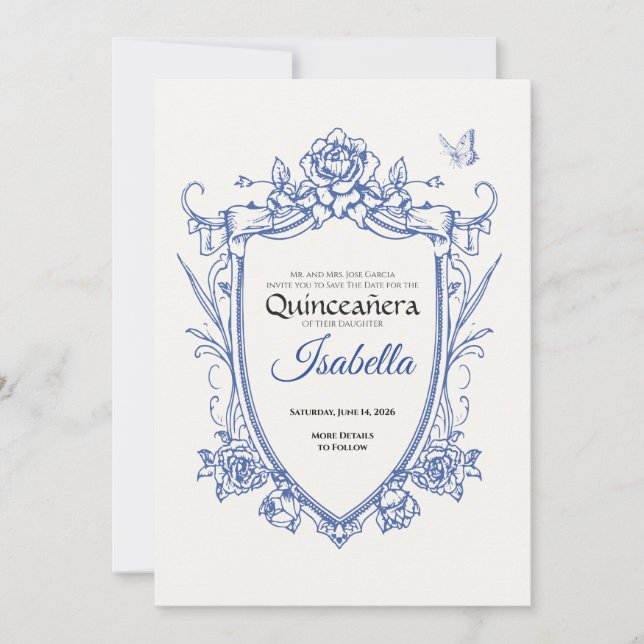Elegant Blå 15-års Quinceañera Spara Datumet (Framsida)
