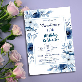Elegant blå 17-årsdagars blommigt blått inbjudningar