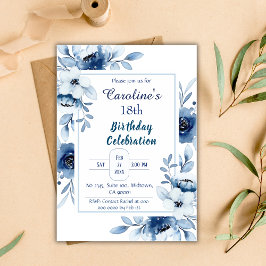 Elegant blå 18-årsdagars blommigt blått inbjudningar