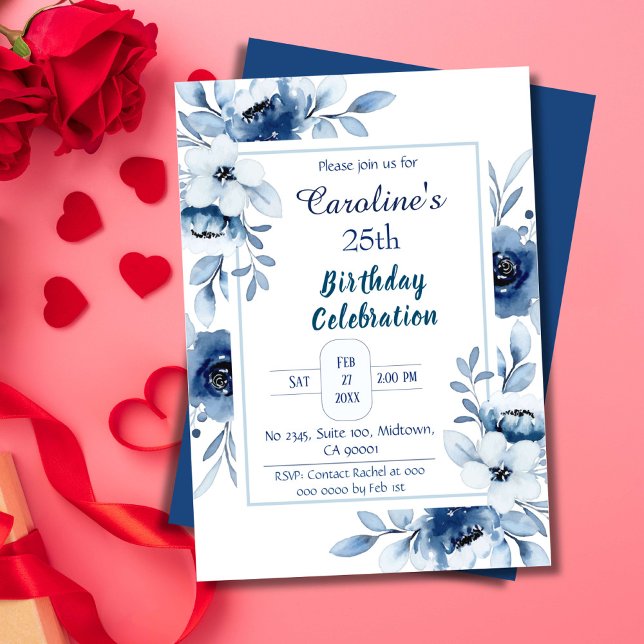 Elegant blå 25-årsdag blommigt blå nyans inbjudningar (Skapare uppladdad)
