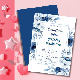 Elegant blå 80-årsdag blommigt blått inbjudningar