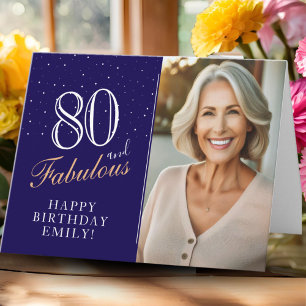 Elegant blå 80 och fantastisk 80-års fotofödelseda kort
