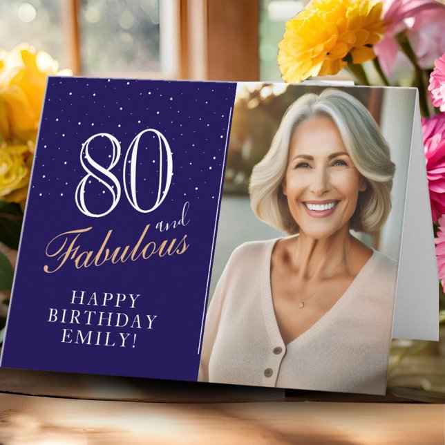 Elegant blå 80 och fantastisk 80-års fotofödelseda kort (Skapare uppladdad)
