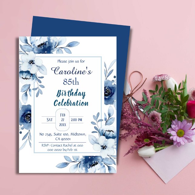Elegant blå 85-årsdagars blommigt blått inbjudningar (Front/Back )