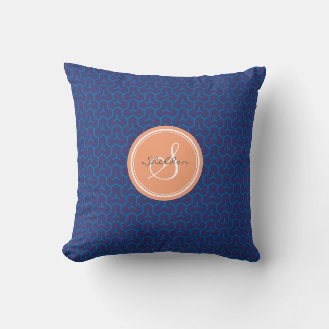 Elegant blå abstrakt geometrisk mönster monogram kudde (Framsida)