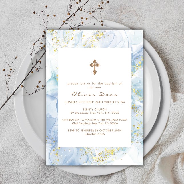 Elegant blå agat guldkors pojk dop   inbjudningar (Elegant Blue Agate Gold Cross Boy Baptism Invitation)