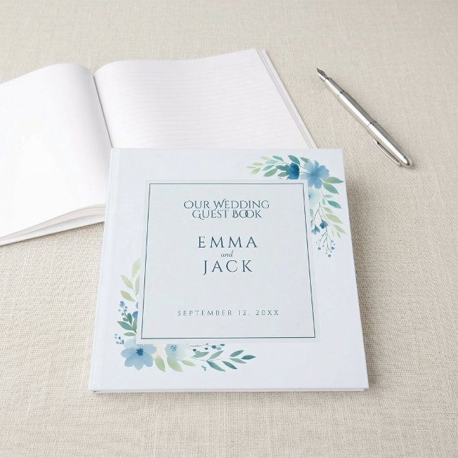 Elegant blå akvarell blommande bröllop gästböcker (Elegant blue watercolour floral wedding guest book)