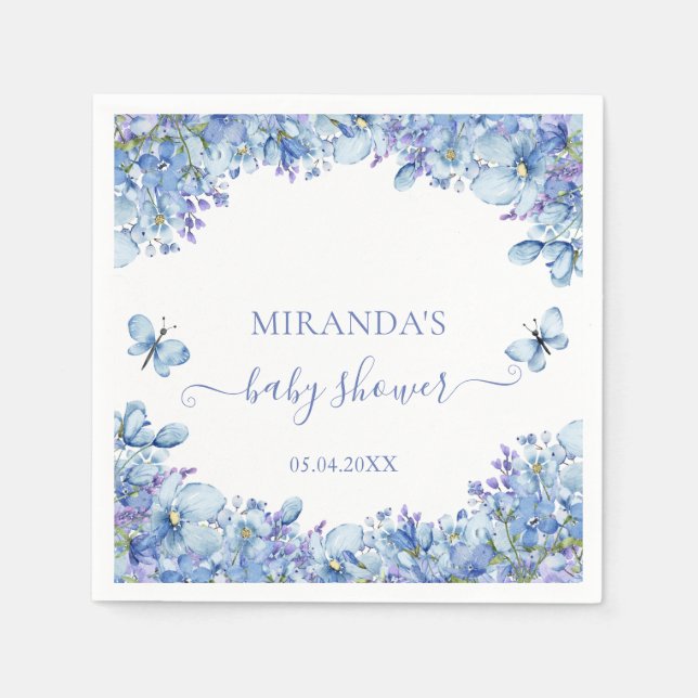 Elegant Blå Akvarell Blommig Bebis Shower Pappersservett (Framsidan)