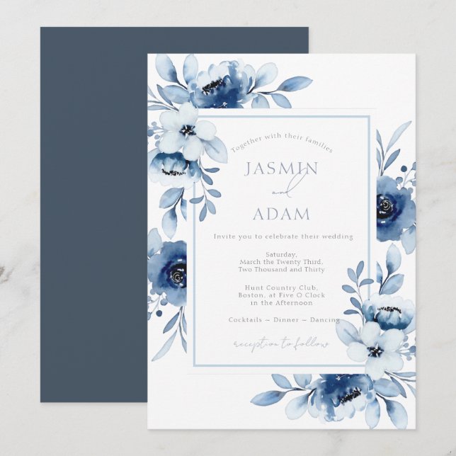 Elegant Blå Akvarell Blommig Bröllop Inbjudningar (Fram/baksida)