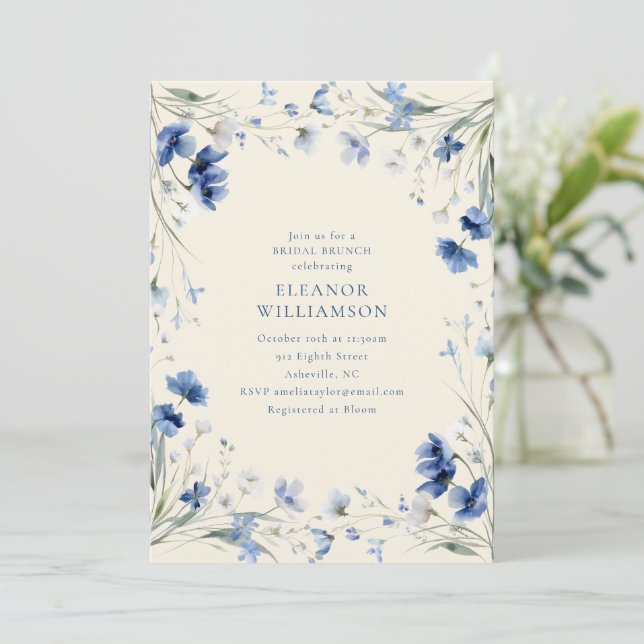 Elegant Blå Akvarell Blommig Bröllopsbrunch Inbjudningar (Stående Fram)