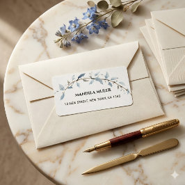 Elegant Blå Akvarell Blommig Gren Returadress Adressetikett