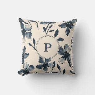 Elegant Blå Akvarell Blommig Monogram Kräm Kudde