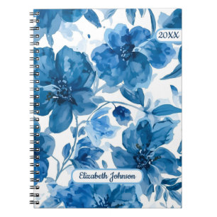 Elegant Blå Akvarell Blommig Personlig  Anteckningsbok