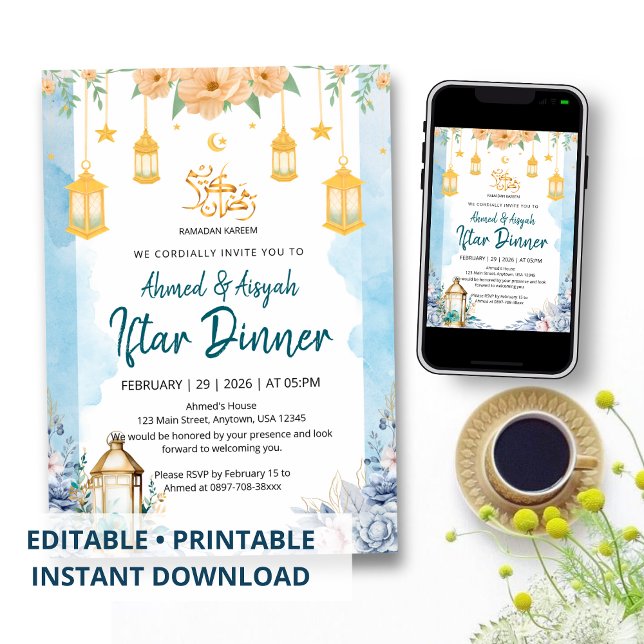 Elegant Blå Akvarell Blommig Ramadan Iftar Inbjudningar (Skapare uppladdad)