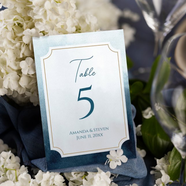 Elegant Blå Akvarell Bröllopsmottagning Bordsnummer (Blue wedding reception table number sign)