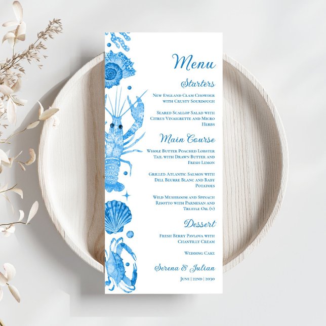 Elegant Blå Akvarell Kust Sjömat Bröllop Meny (Elegant Blue Watercolor Coastal Seafood Wedding Menu)