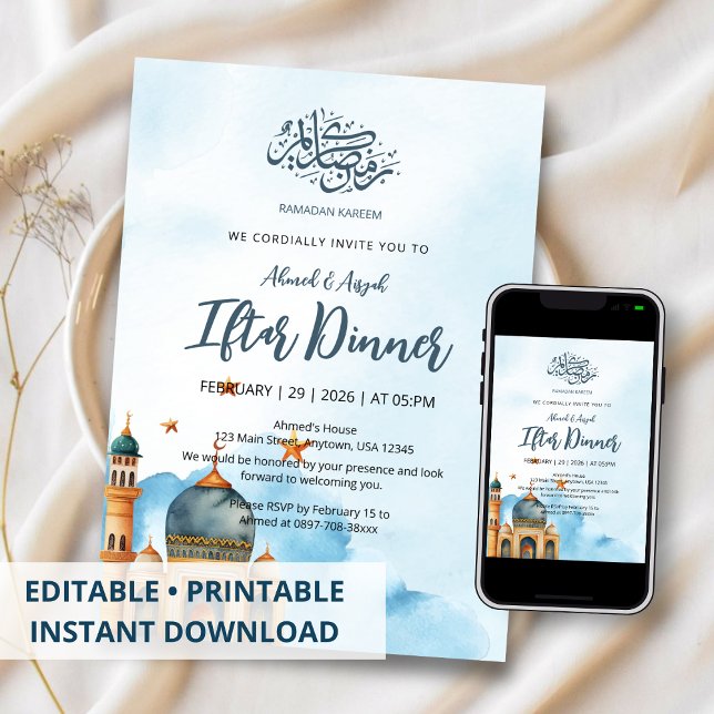 Elegant Blå Akvarell Moské Ramadan Iftar Inbjudningar (Skapare uppladdad)