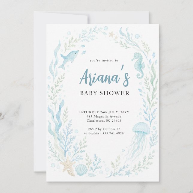 Elegant Blå Akvarell Undervattens Baby Shower Inbjudningar (Framsida)