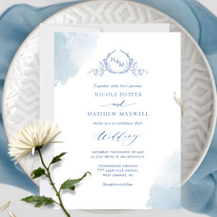 Elegant, Blå akvarellfläckar, Monogram bröllop Inbjudningar