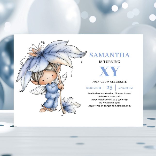 Elegant Blå Älvflicka 3-års Födelsedag Pastell Inbjudningar (Graceful Blue Fairy Girl 3rd Birthday Pastel invitation)