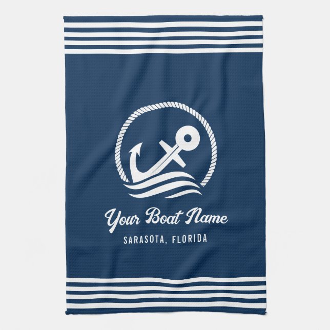 Elegant Blå Anpassningsbar Boat Namn Anchor Kökshandduk (Vertikal)