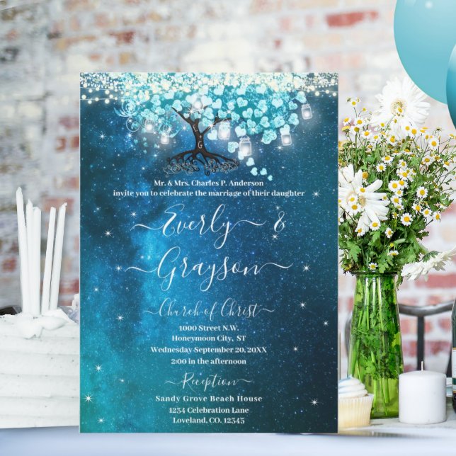 Elegant Blå Aqua Teal Hjärtblad Träd Bröllop Inbjudningar (Skapare uppladdad)