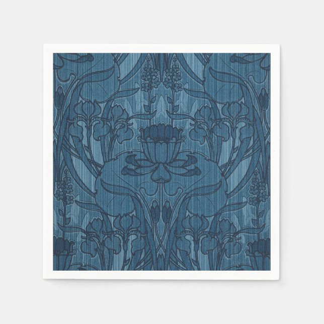 Elegant Blå Art Nouveau Iris Botaniskt Mönster Pappersservett (Framsidan)