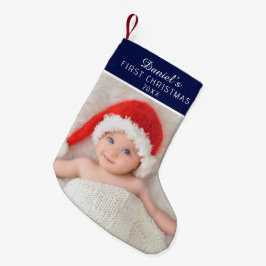 Elegant Blå Baby Foto Anpassat Namn Liten Julstrumpa