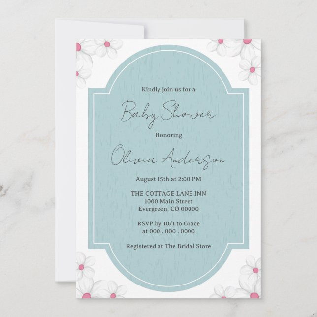 Elegant blå baby shower inbjudan (Framsida)