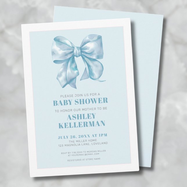 Elegant Blå Båge Bebis-fest Inbjudningar (Blue Bow Baby Shower Invitation)