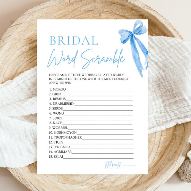 Elegant Blå Båge Bröllopsordslump Game Inbjudningar (Modern Elegant Watercolor Dusty Blue Bow Bridal Word Scramble Game)