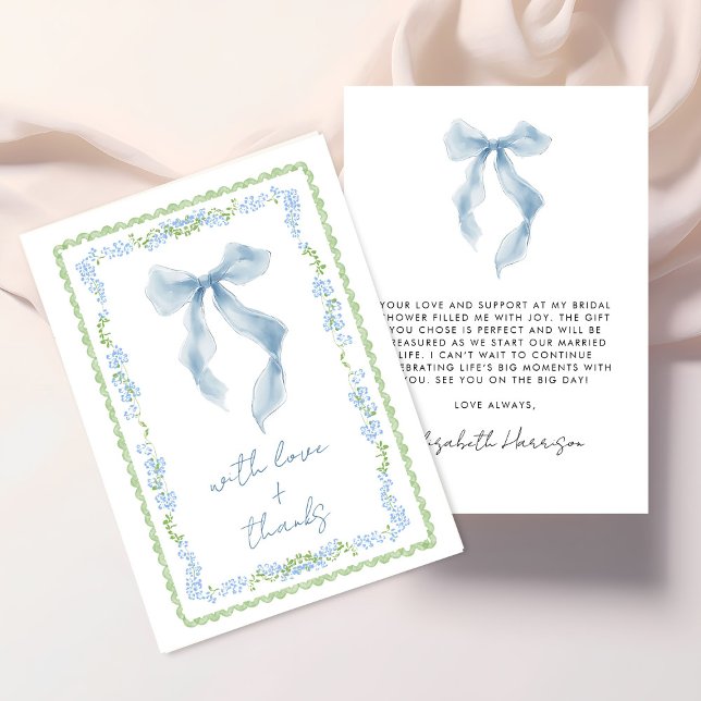 Elegant blå båge Bröllosdusch i akvarell Tack Kort (Elegant Blue Bow Watercolor Bridal Shower Thank You Card)