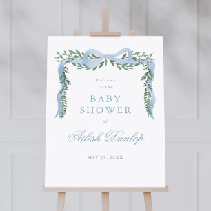 Elegant blå båge grönska pojke baby shower välkomm poster