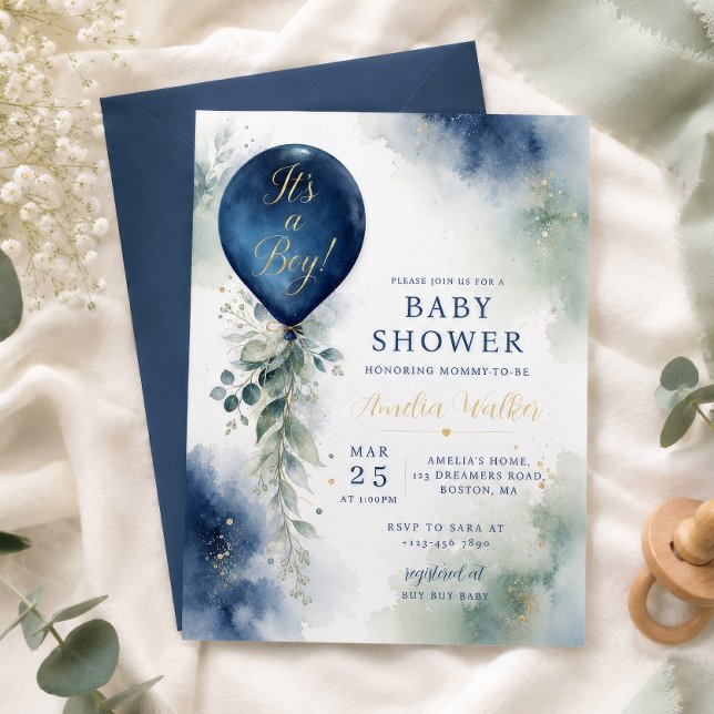 Elegant blå ballong botanisk babyshower inbjudningar (Skapare uppladdad)