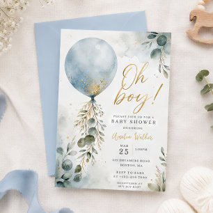 Elegant blå ballong Oh pojken babyfirande Inbjudningar