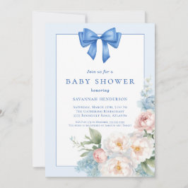 Elegant blå banderull blomster baby shower inbjudningar