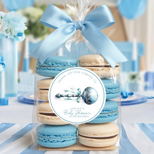 Elegant blå barnskrammel pojke baby shower tack runt klistermärke