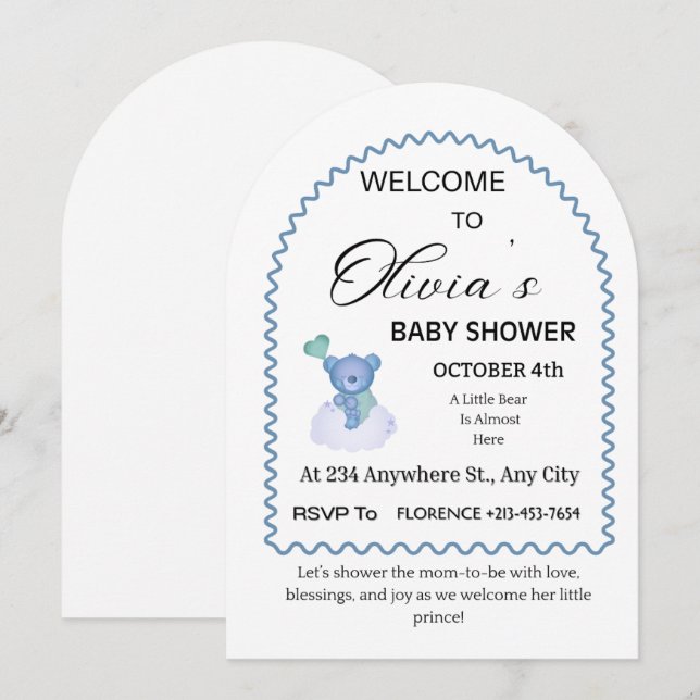 Elegant Blå Björn Båge Baby Shower Inbjudan | Wh (Fram/baksida)