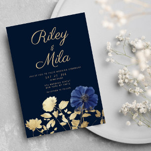 Elegant Blå bläckblomma från guld Bröllop Inbjudningar