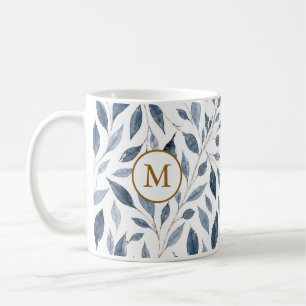 Elegant blå bladmonogrammugg med guldinitialer kaffemugg