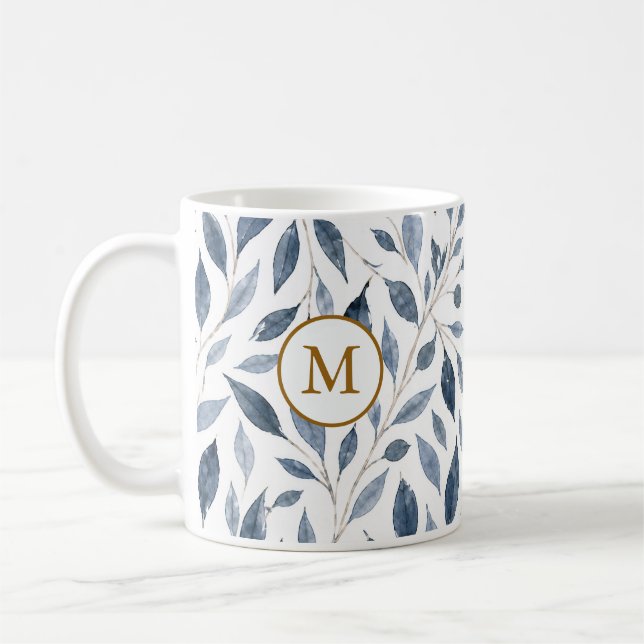 Elegant blå bladmonogrammugg med guldinitialer kaffemugg (Vänster)