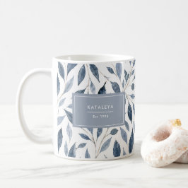 Elegant blå bladmugg med anpassat namn kaffemugg