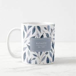 Elegant blå bladmugg med anpassat namn kaffemugg