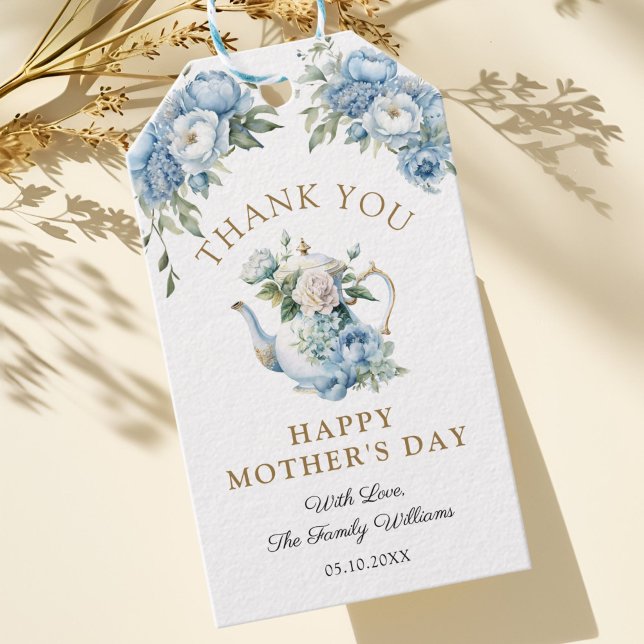Elegant blå blomkruka tekanna Mors dag Tack Presentetikett (Elegant Blue Floral Teapot Mother's Day Thank you Gift Tag)